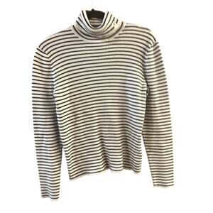 Lauren Ralph Lauren Ribbed Cream Black Stripe Turtleneck Sz L 100% Cotton Prep